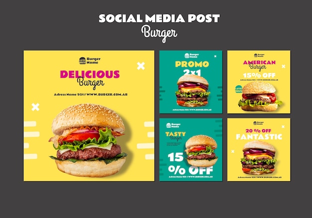 Modello web post di social media delizioso hamburger