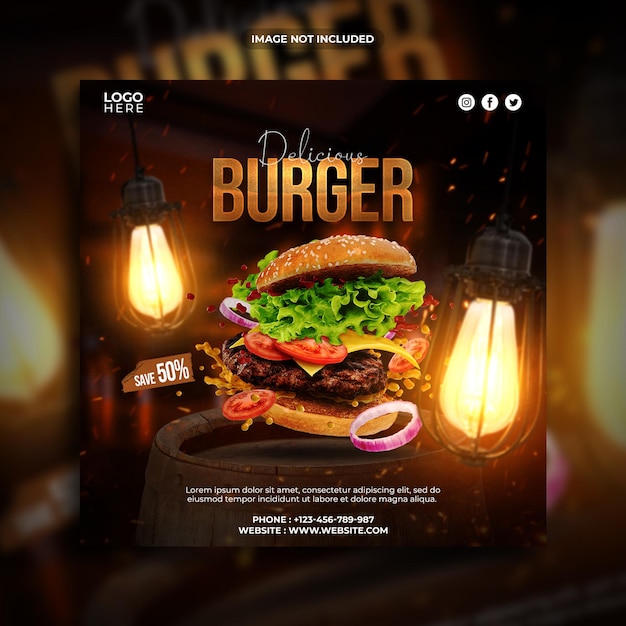 Modello di banner quadrato per la promozione dei social media di hamburger delizioso