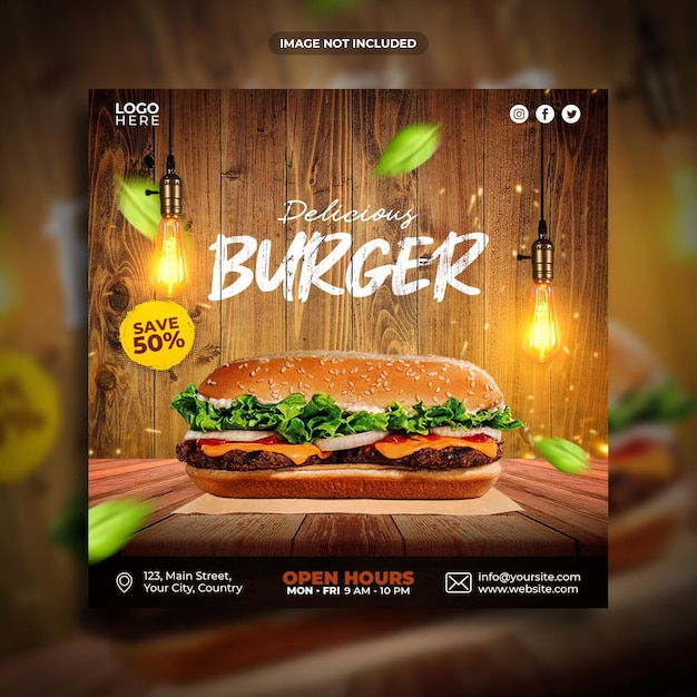 Delicious burger social media promotion square banner template