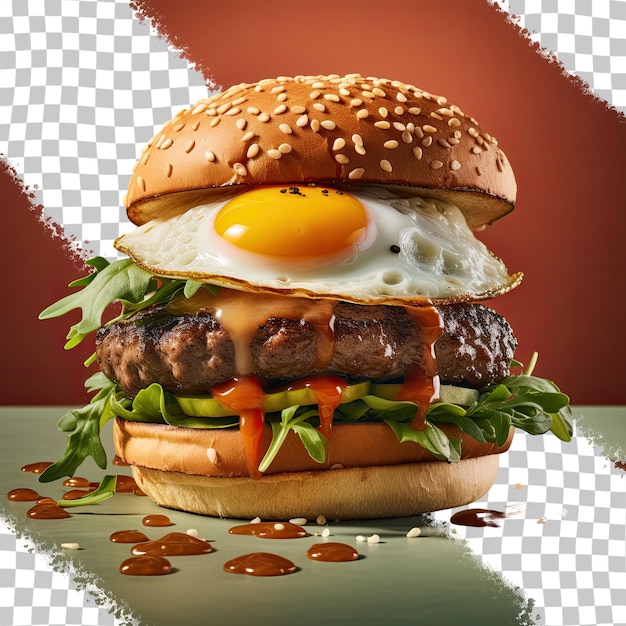 PSD delicious burger with fried egg on transparent background