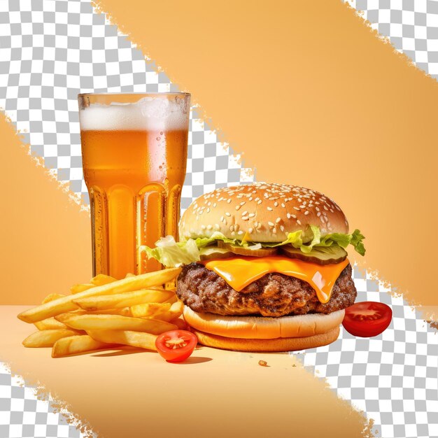 Delicious burger with fries and beverage against transparent background