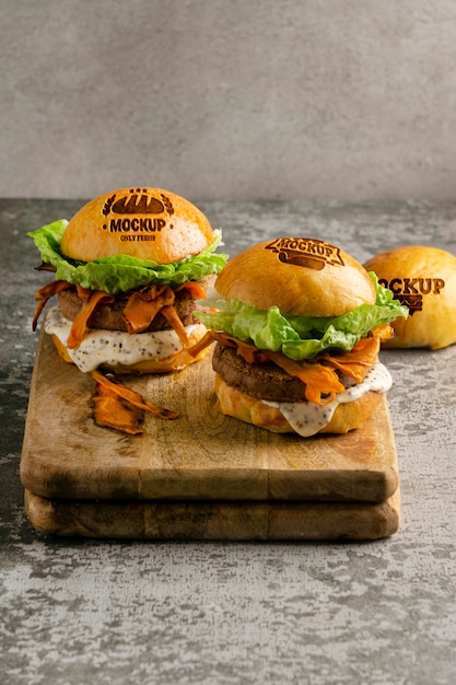 PSD delicious burgers arrangement mockup