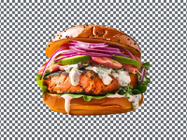 PSD delizioso hamburger di salmone cajun isolato su sfondo trasparente