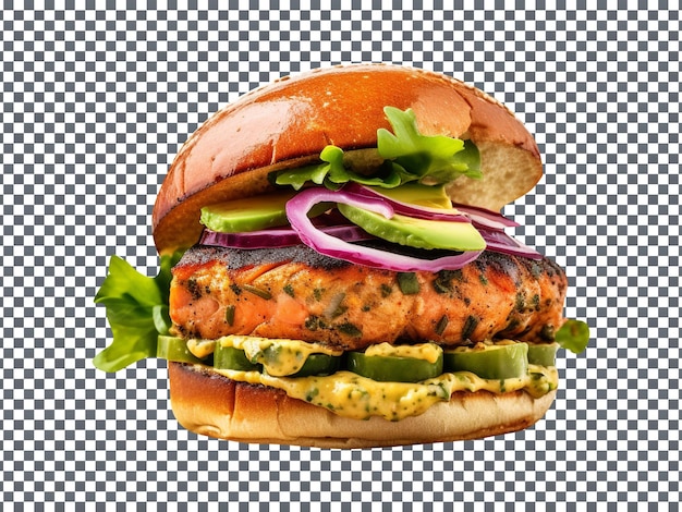 Delizioso hamburger di salmone cajun isolato su sfondo trasparente