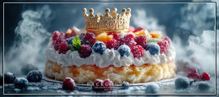 PSD вкусный торт с золотой короной на вершине, окруженный ягодами и битым сливком с намеком