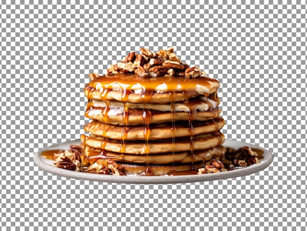 Delicious caramel glazed apple pancakes stack isolated on transparent background