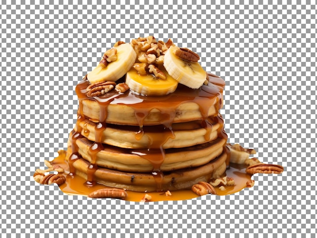 Delicious caramel glazed banana and nuts pancakes stack isolated on transparent background