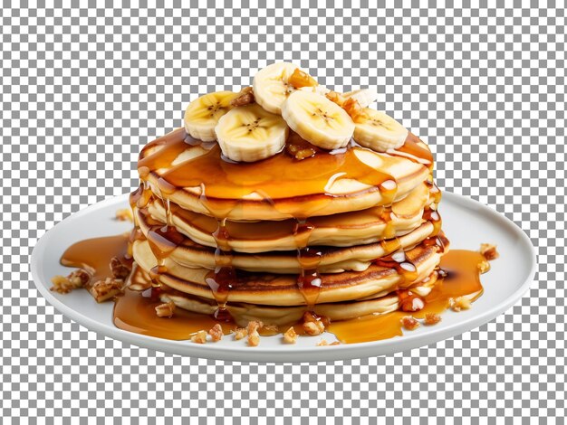 Delicious caramel glazed banana pancakes stack isolated on transparent background