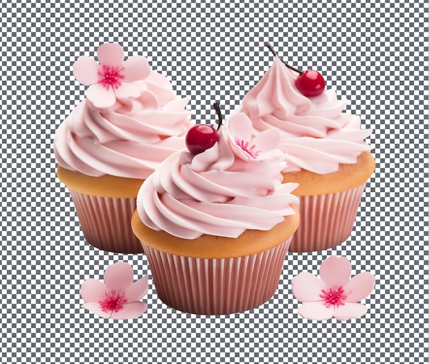 Delicious cherry blossom infused cupcakes isolated on transparent background