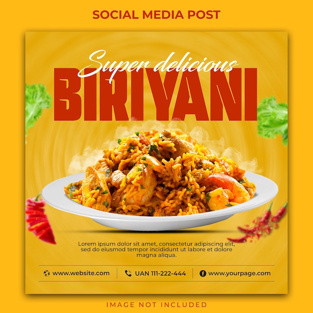 Delicious chicken biriyani social media template