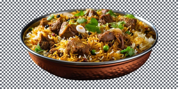 PSD delizioso biryani di pollo in vaso di bronzo isolato su sfondo trasparente