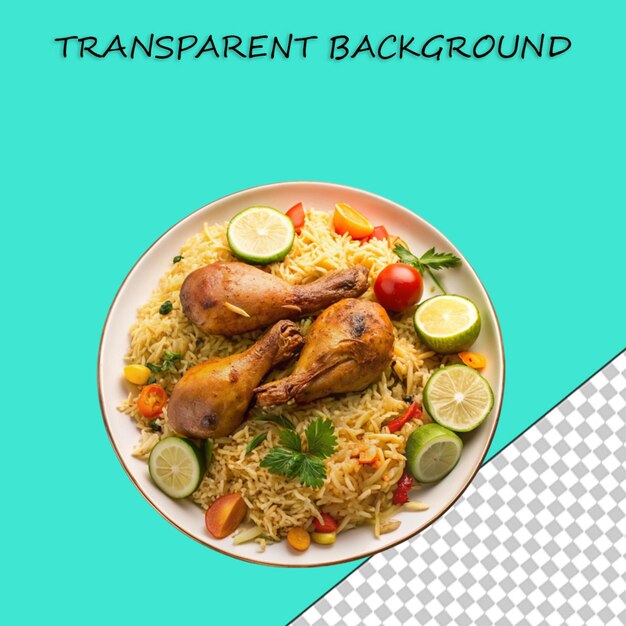 PSD delicious chicken biryani with vegetable slices on transparent background