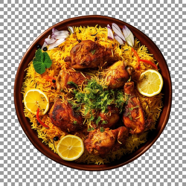 PSD delicious chicken biryani with vegetable slices on transparent background