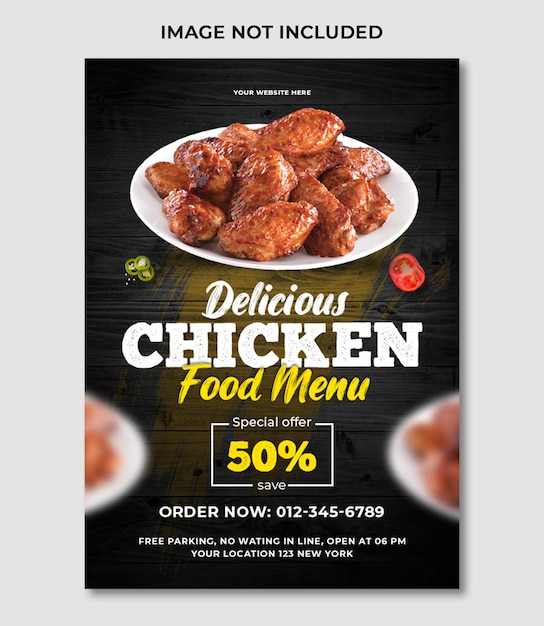 레스토랑을 위한 맛있는 치킨 음식 메뉴 전단지 디자인