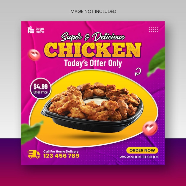 Delicious chicken food menu and restaurant menu social media promotion and instagram post design template