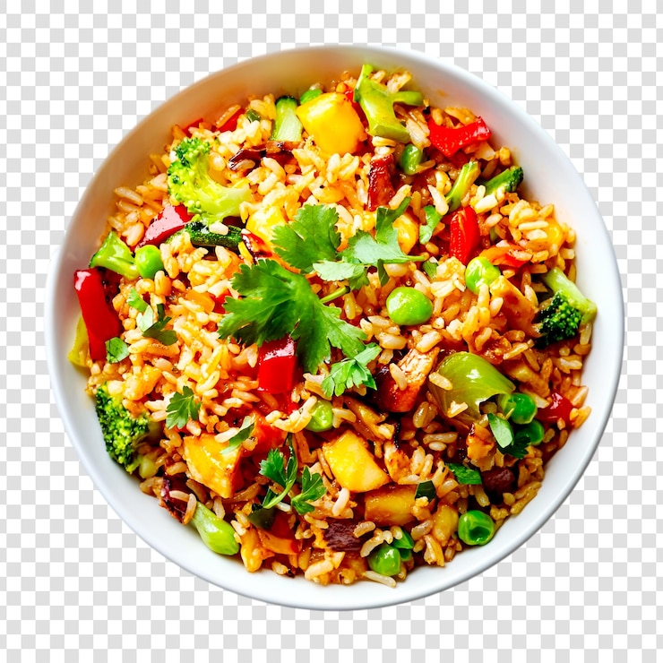 PSD delicious chicken fried rice bowl with vegetables on a transparent background