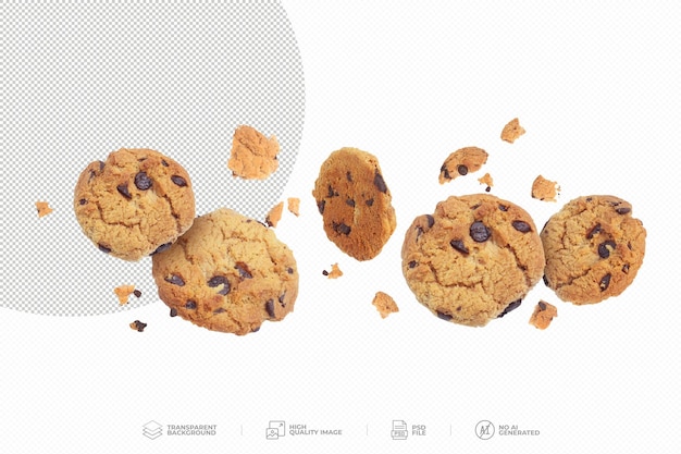 Delicious chocolate chip cookies falling on transparent background png