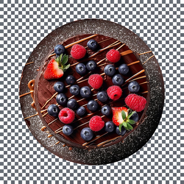 PSD deliziosa torta glassata al cioccolato con frutti di bosco freschi mix su sfondo trasparente