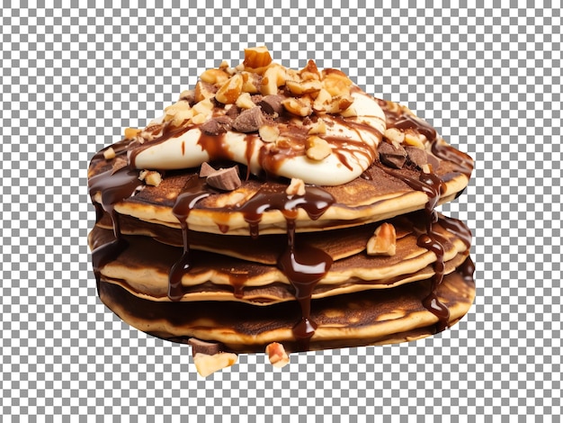 PSD delicious chocolate and nuts pancakes stacked isolated on transparent background