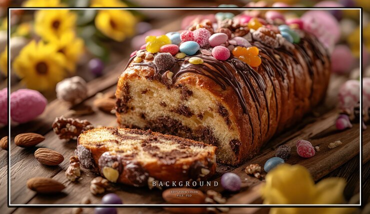 PSD delicious chocolate swirl bread loaf decorated with easter candi