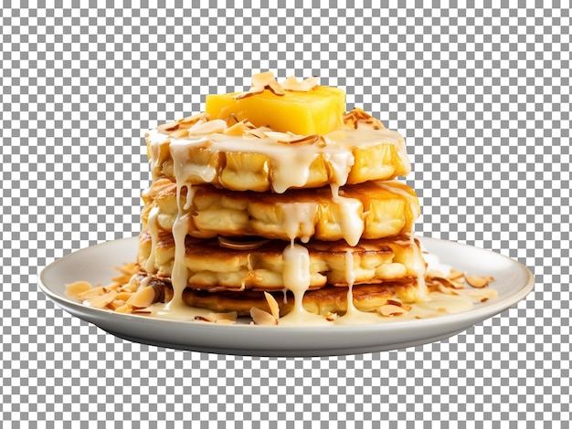 Delicious coconut pineapple pancakes stacked isolated on transparent background