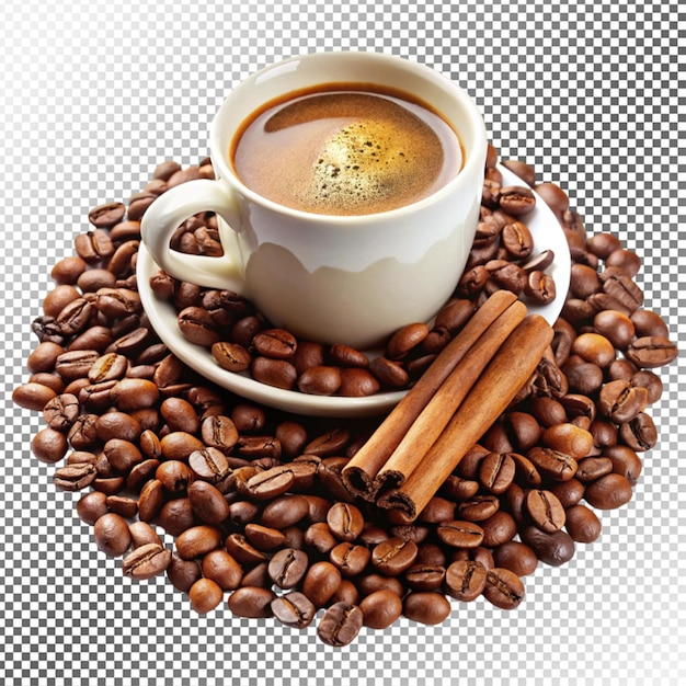 delicious coffee beans and cup on transparent background