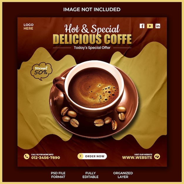 Delicious Coffee-promotie social media post sjabloonontwerp voor spandoek