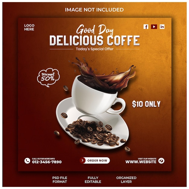 Progettazione del modello di banner post sui social media di promozione del caffè delizioso