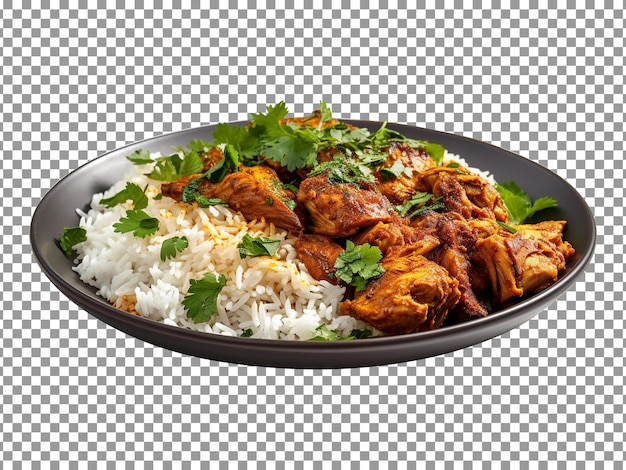 PSD delicious cooked meat plate with rice isolated on transparent background