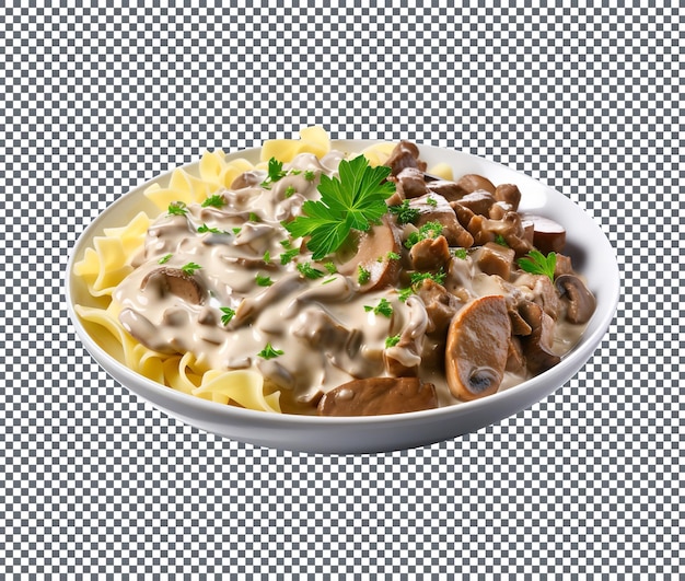 Delicious creamy beef stroganoff sliced isolated on transparent background