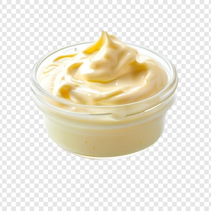 PSD ガラスのボウルに美味しいクリーミーマヨネーズ 透明に隔離された食事料理