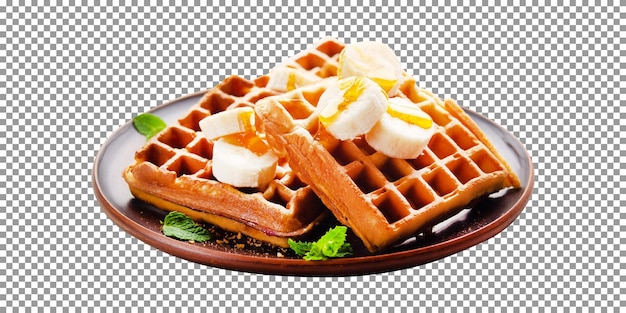 Delicious crispy waffles served with banana slices on a plate with transparent background