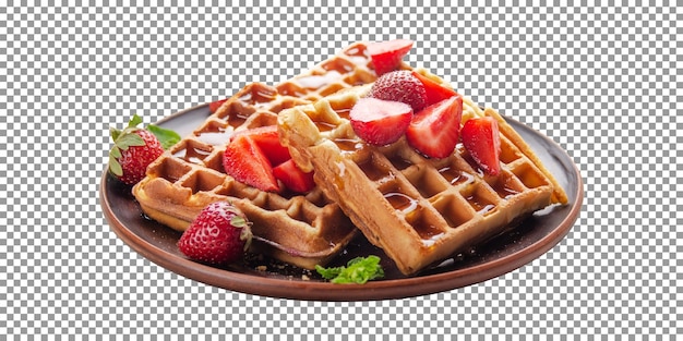 PSD delicious crispy waffles served with strawberry slices on a plate with transparent background