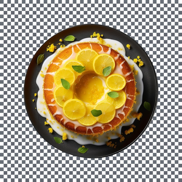 PSD 透明な背景に分離されたおいしい装飾されたレモン ケーキの上面図