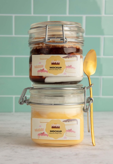 PSD delicious dessert mockup in jars