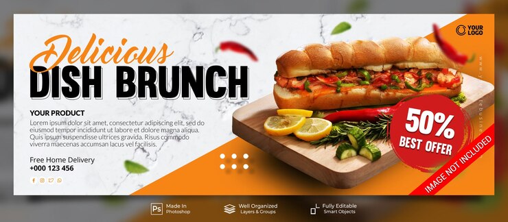 PSD おいしい料理ブランチメニューレストランプロモーションソーシャルメディア投稿facebookカバーバナーテンプレート