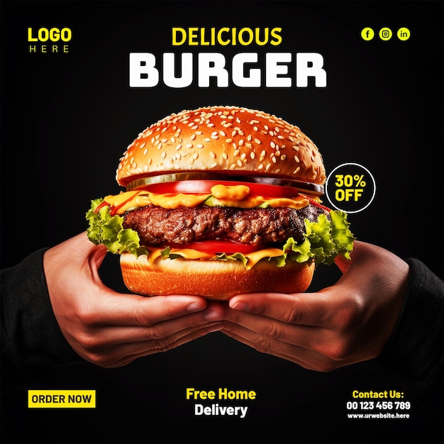 Delizioso menu di fast food burger banner o poster modello di post sui social media