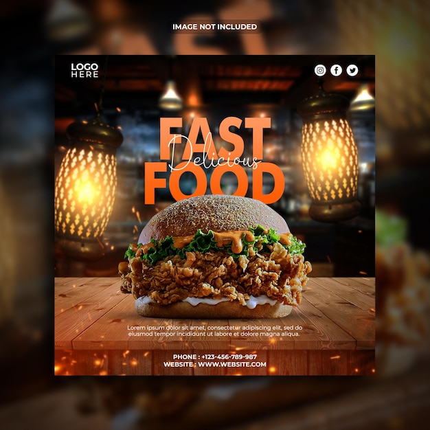 Delizioso modello di banner quadrato di promozione dei social media fast food