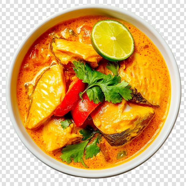 delicious fish curry in white bowl lime garnish cilantro