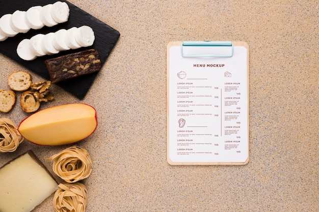 PSD delicious food arrangement with clipboard mock-up