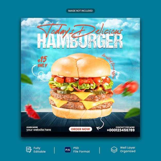 Delicious food burger social media post design met multifunctioneel