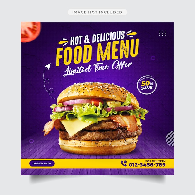 맛있는 음식 메뉴 및 레스토랑 소셜 미디어 배너 게시물 템플릿