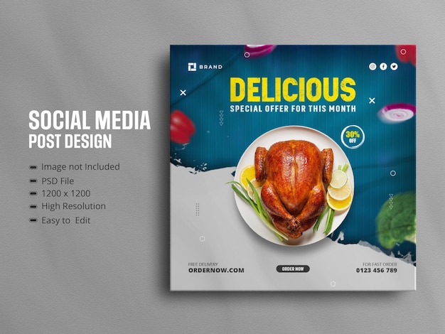 Promozione sui social media del menu di cibo delizioso e design del post di banner di instagram