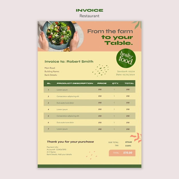 PSD delicious food restaurant invoice template