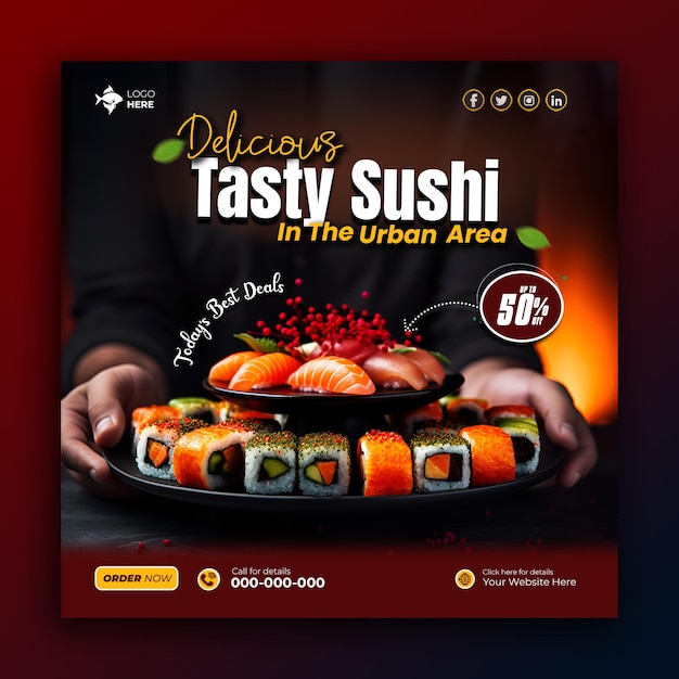 PSD delicious fresh and healthy sushi food social media post template design ai generated