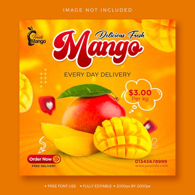 Delizioso post sui social media di frutta fresca di mango o modello psd di banner di instagram