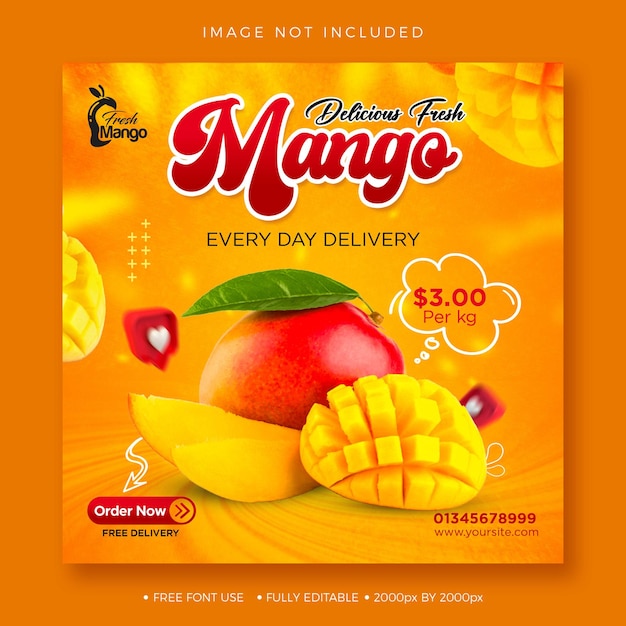 Delicious fresh mango fruit social media post or instagram banner psd template