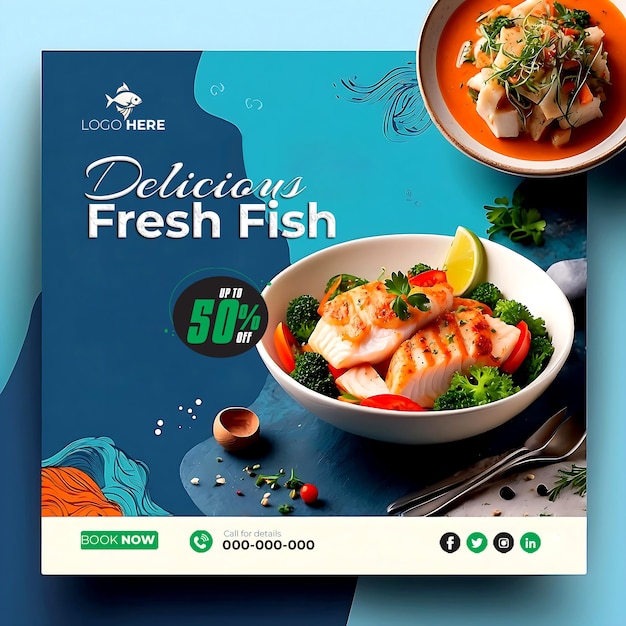 Banner di pesce di mare fresco delizioso per i social media generato dall'ia