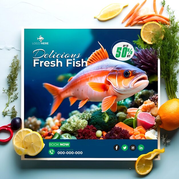 PSD delicious fresh sea fish banner for social media post aigenerated