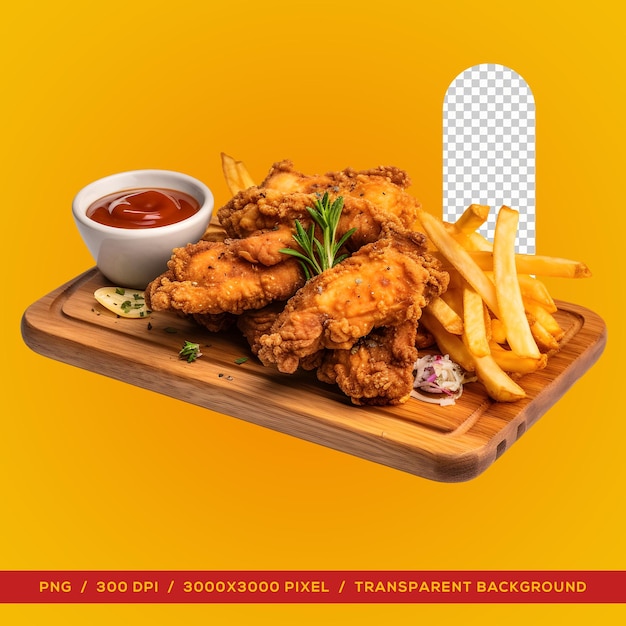 Delicious fried chicken on wooden plate transparent background